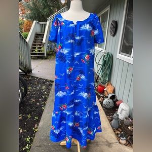 Vintage 80s Sany’s USA Deep Blue Hawaiian Aloha Ruffle Muumuu Maxi Dress Size XL